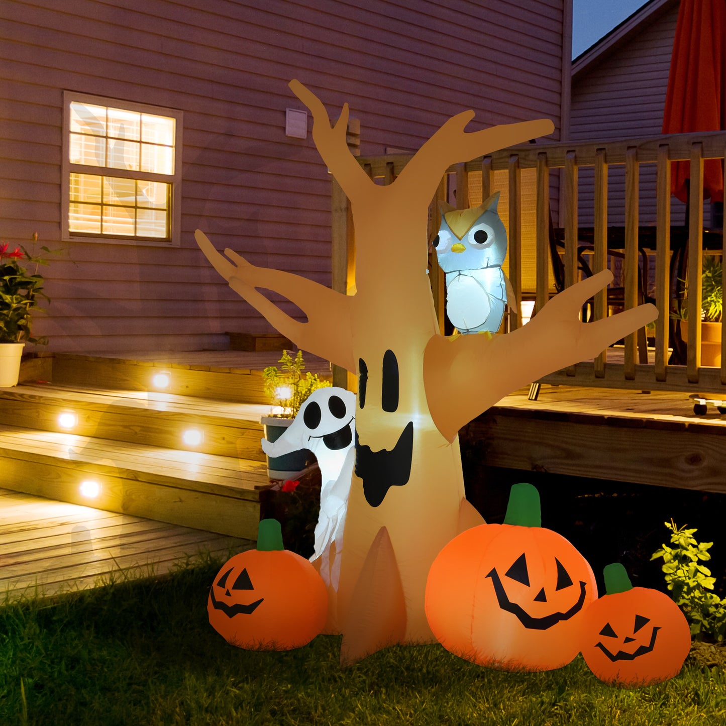 Arbre Halloween gonflable LED avec hibou et citrouilles