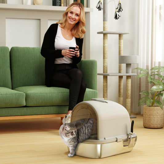 Bain de propreté fermé en acier inoxydable pour chat