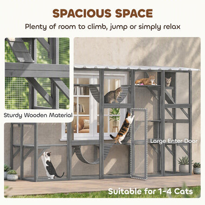 Grand enclos extérieur pour chat avec condos et plateformes