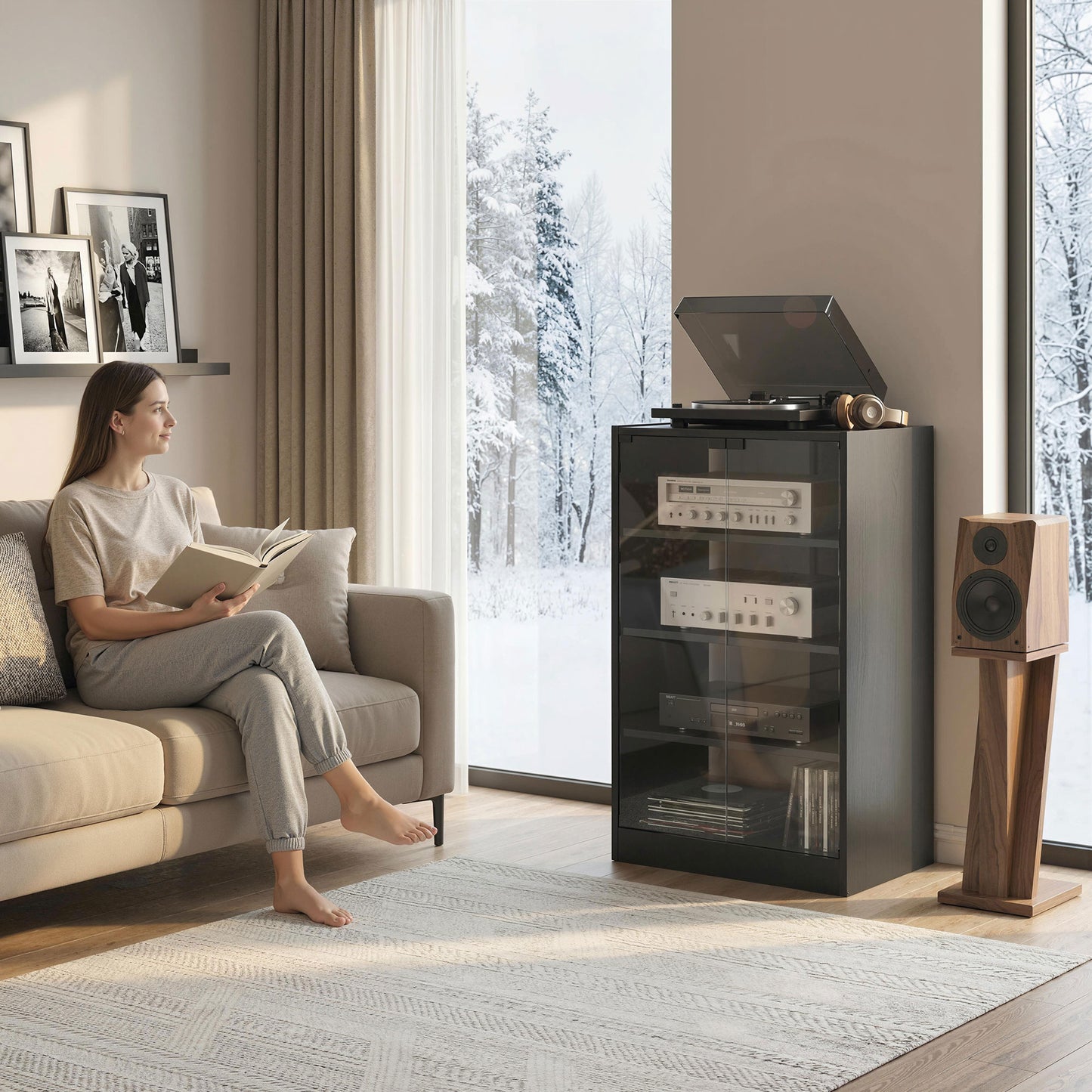 Meuble audiovisuel 5 niveaux portes vitrées push-to-open