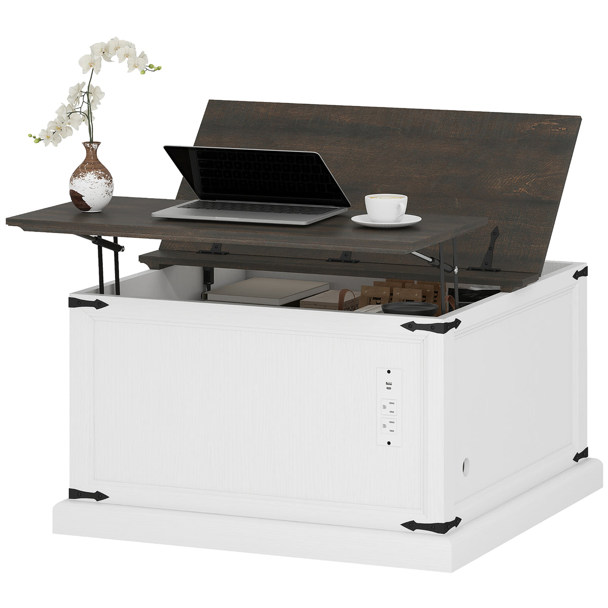 Table basse relevable avec station de recharge et rangement
