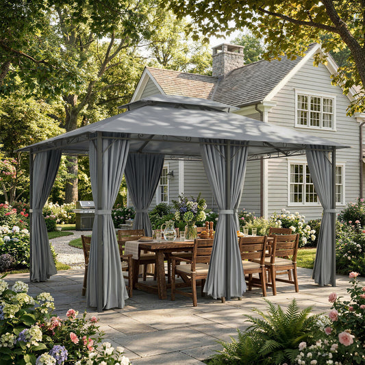 Gazebo de patio 2 niveaux avec rideaux amovibles