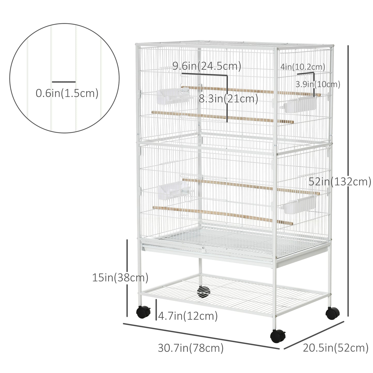 Grande cage à oiseaux en acier avec roulettes et perchoirs
