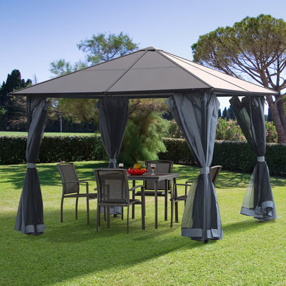 Gazebo aluminium toit rigide avec rideaux et moustiquaires