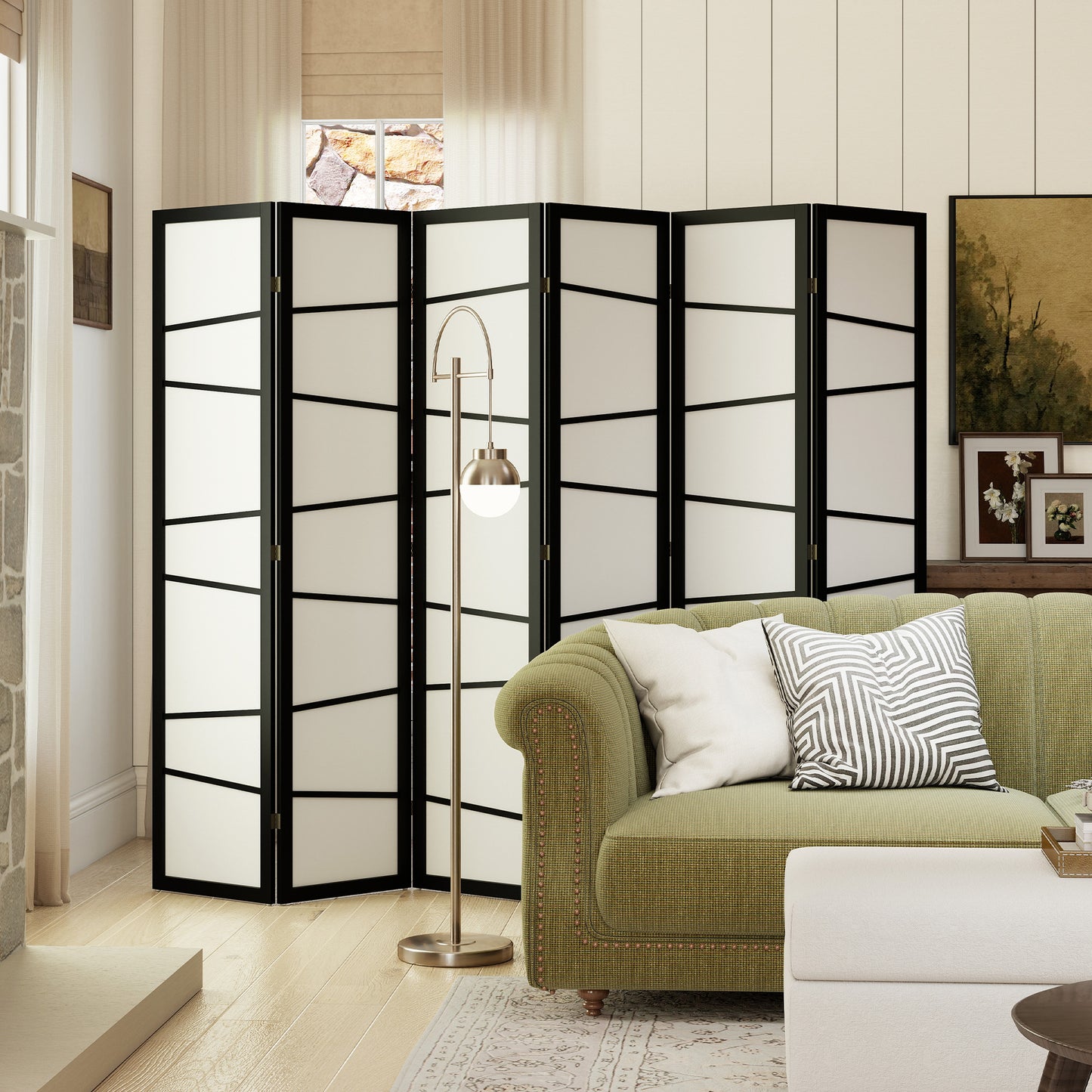 Paravent pliant 6 panneaux cadre en bois