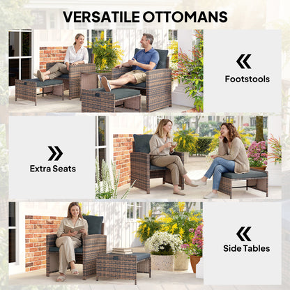 Outsunny 5-Piece Rattan Patio Set - Chairs + Ottomans + Glass Table