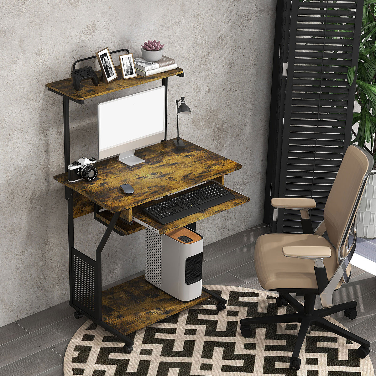 Bureau informatique mobile avec étagères et roulettes