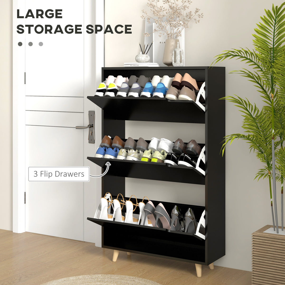Meuble à chaussures étroit avec trois tiroirs basculants