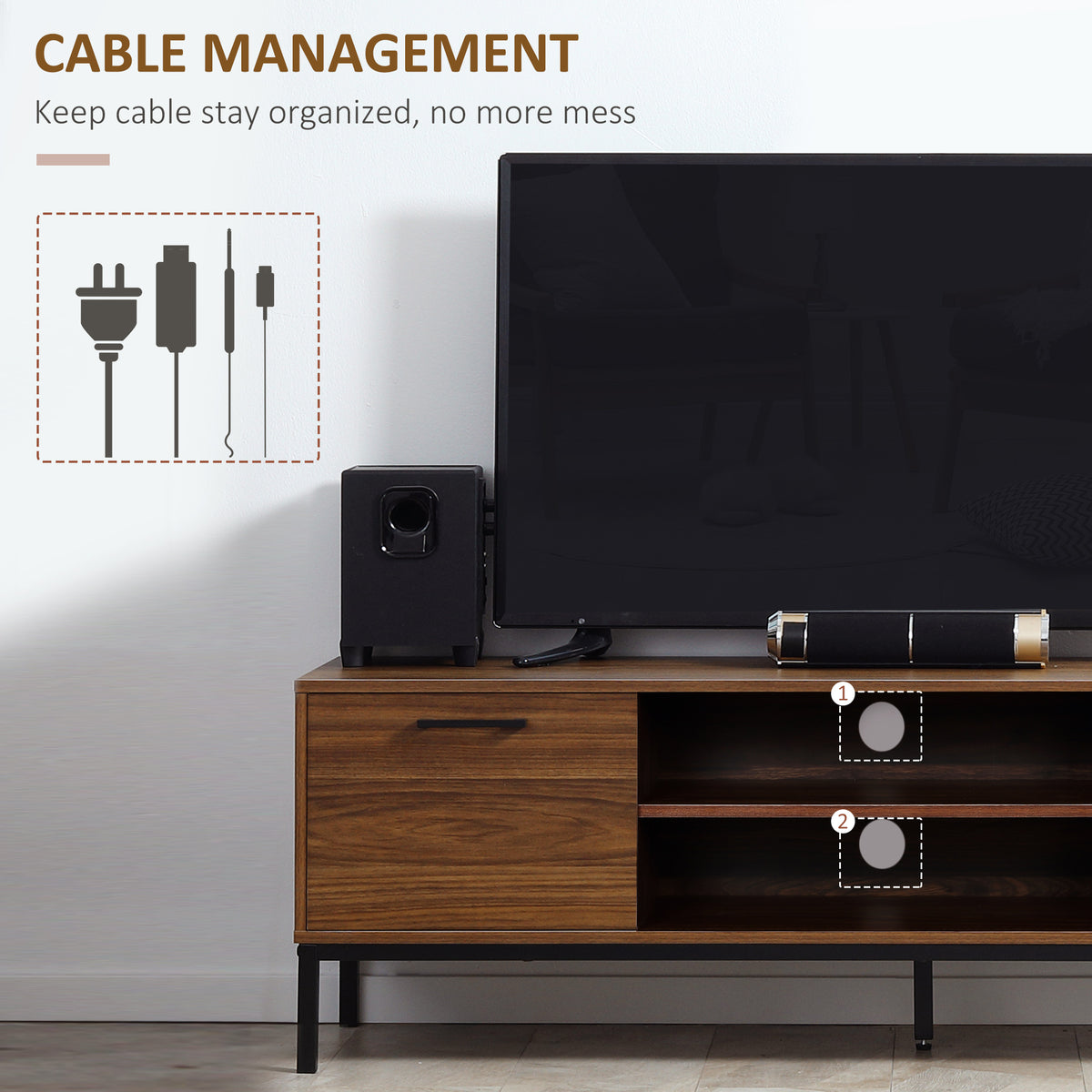 Meuble TV moderne avec rangement et tablettes ouvertes