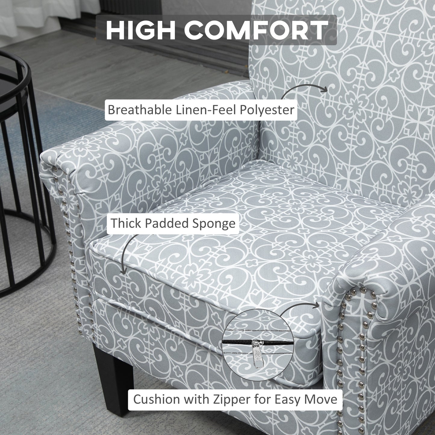 Fauteuil accent tissu lin clouté accoudoirs roulés