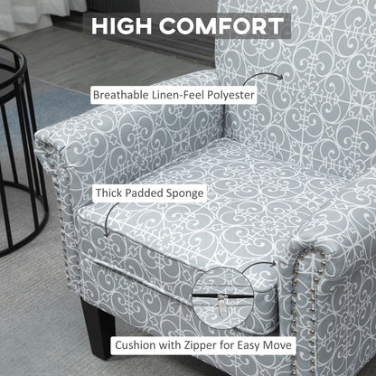 Fauteuil accent tissu lin clouté accoudoirs roulés