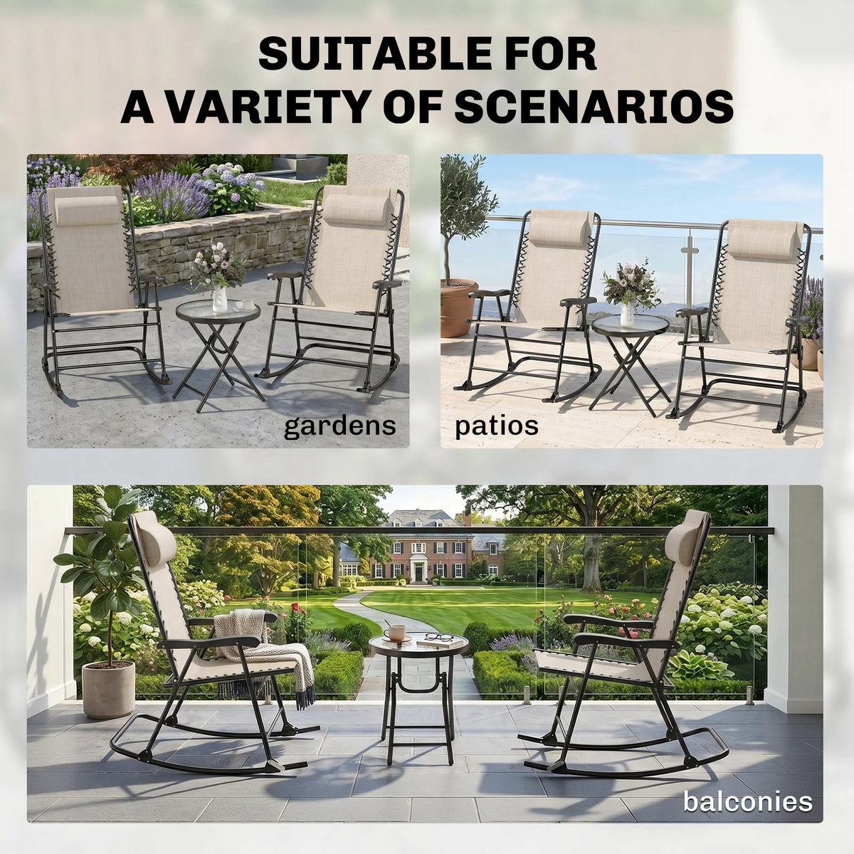 Ensemble 3 pièces chaises berçantes patio avec table