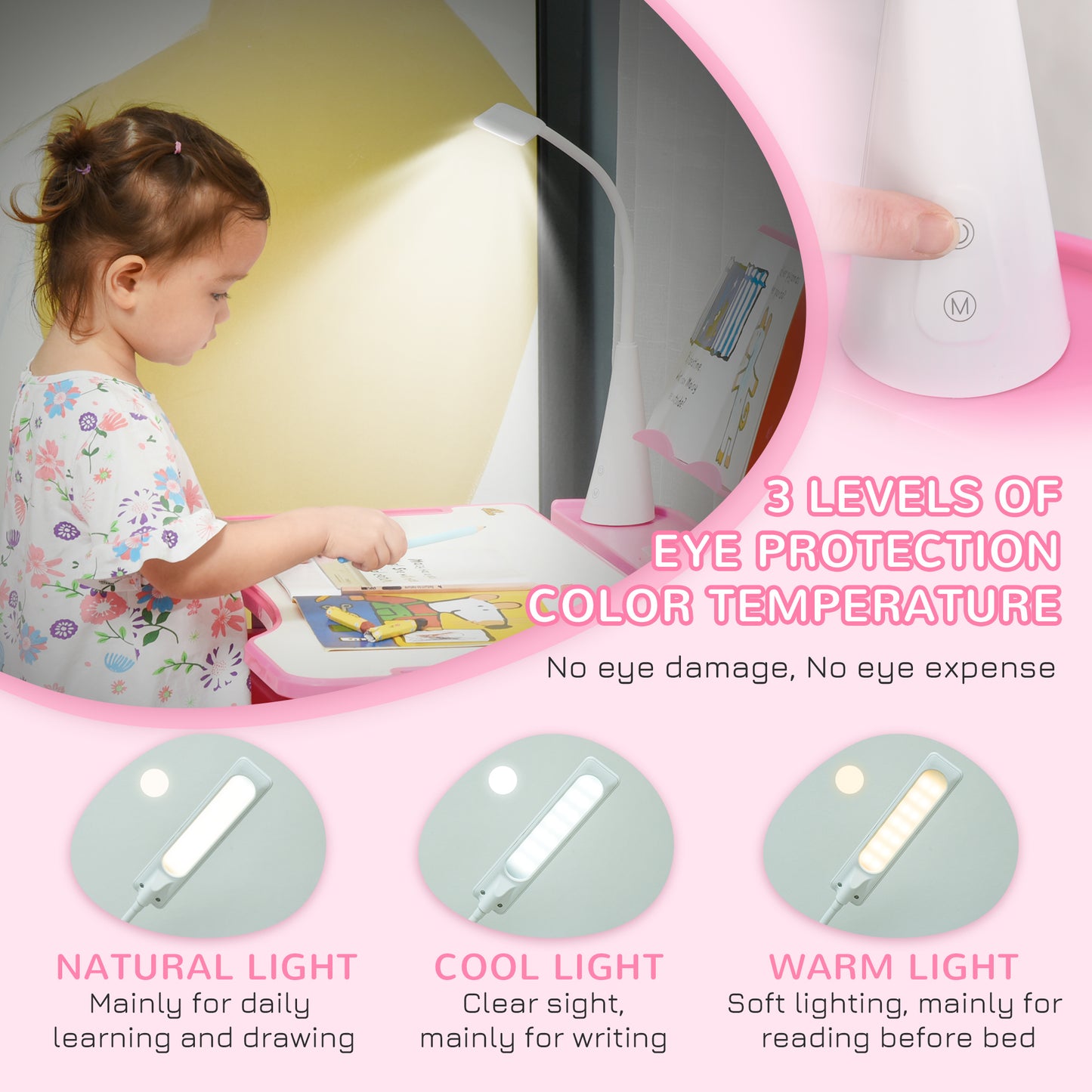 Bureau enfant ajustable avec chaise et lampe LED