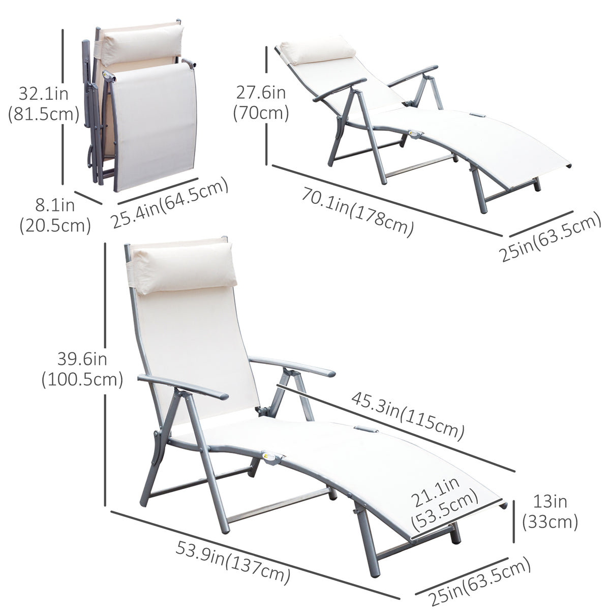 Chaise longue pliante réglable en acier — 7 positions