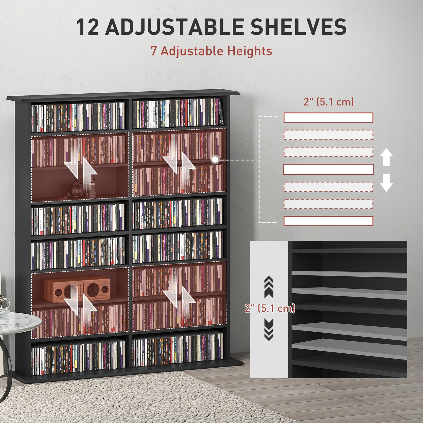 Bibliothèque médias 8 niveaux 16 compartiments ajustables
