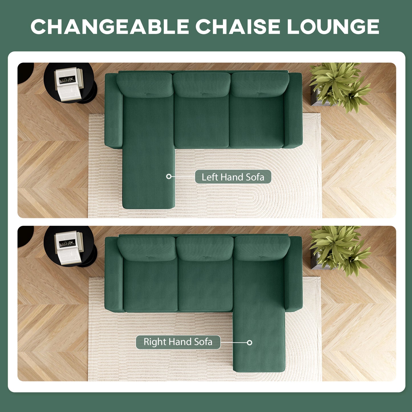 Sofa sectionnel en velours côtelé avec chaise longue réversible