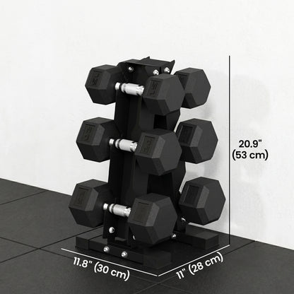 Ensemble d'haltères hexagonaux avec support vertical