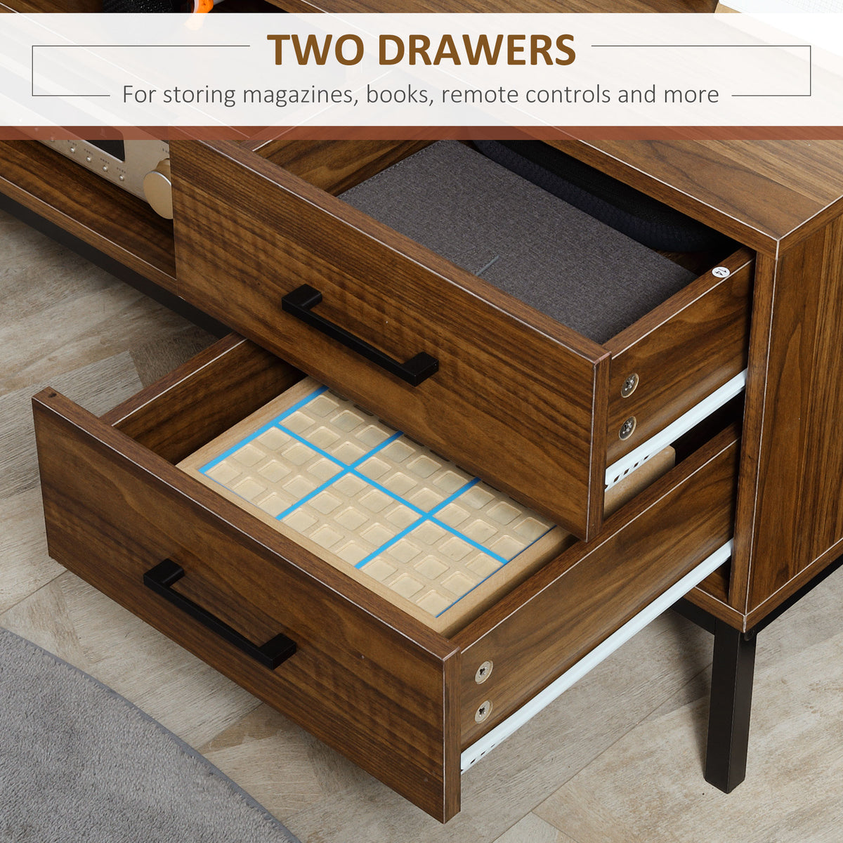 Meuble TV moderne avec rangement et tablettes ouvertes