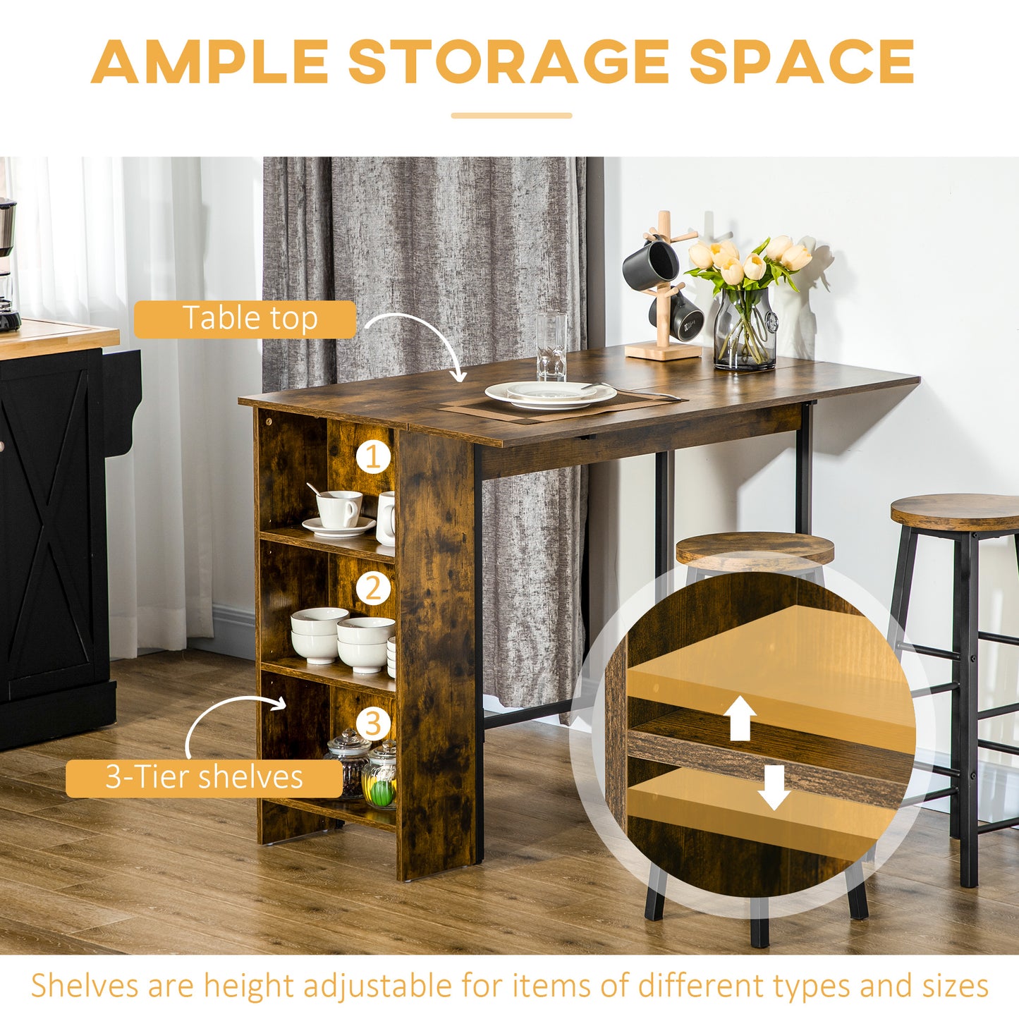 Table de bar extensible avec tablettes de rangement réglables