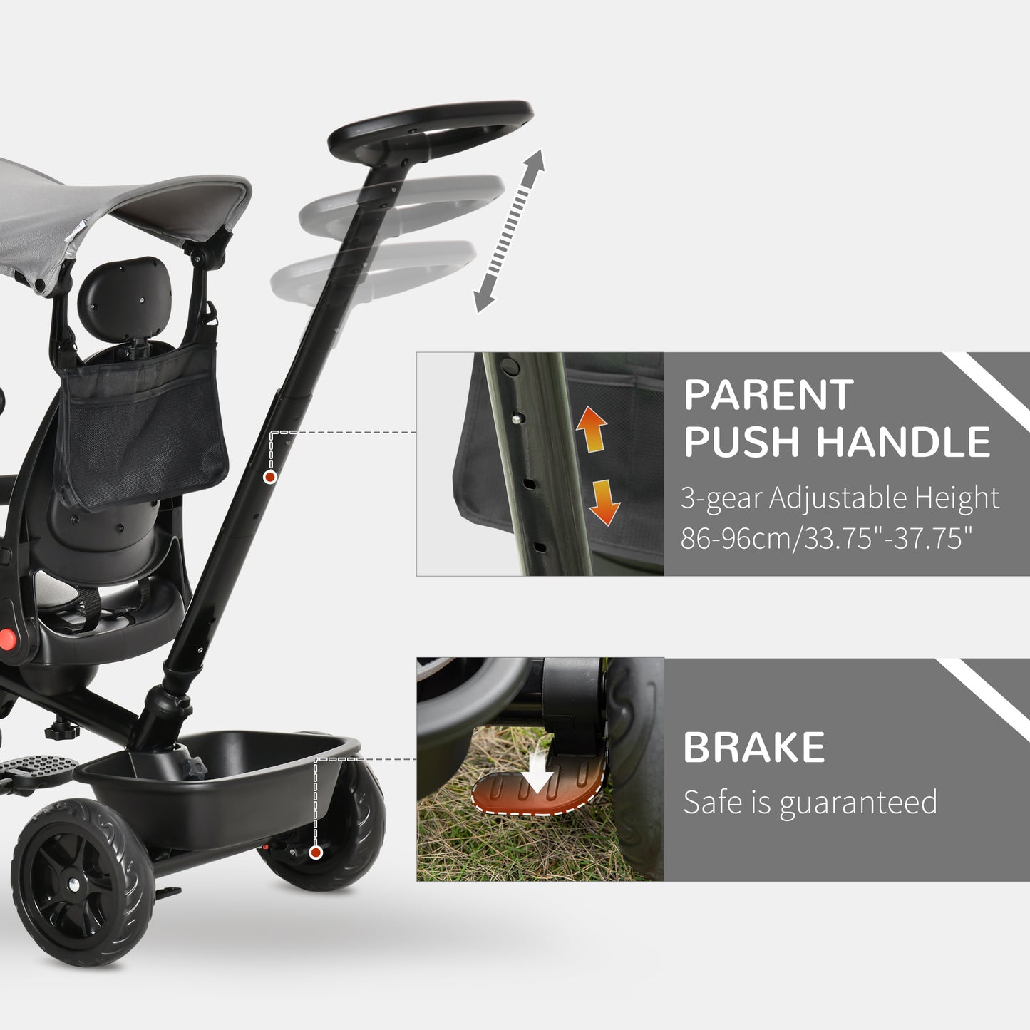 Tricycle évolutif 5-en-1 avec poignée parentale