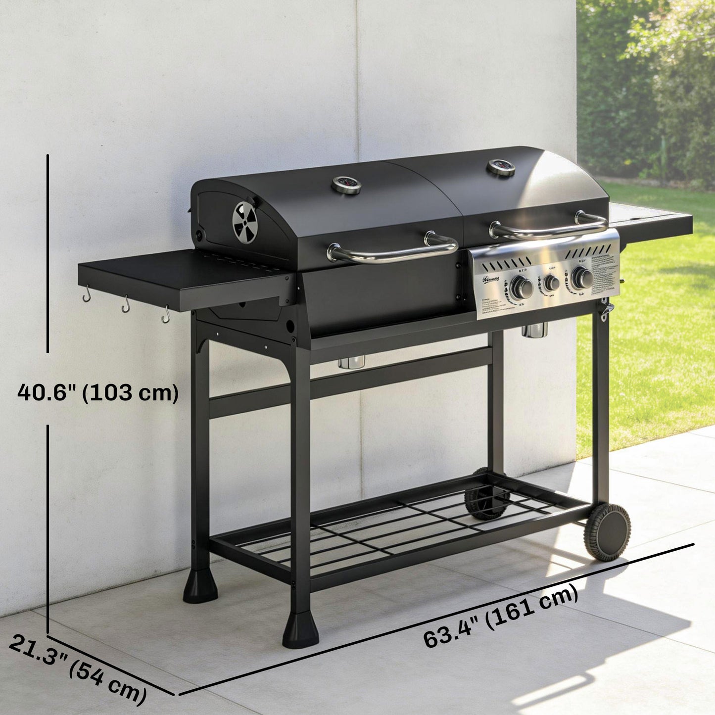 Barbecue combiné charbon et gaz 2 brûleurs avec roulettes
