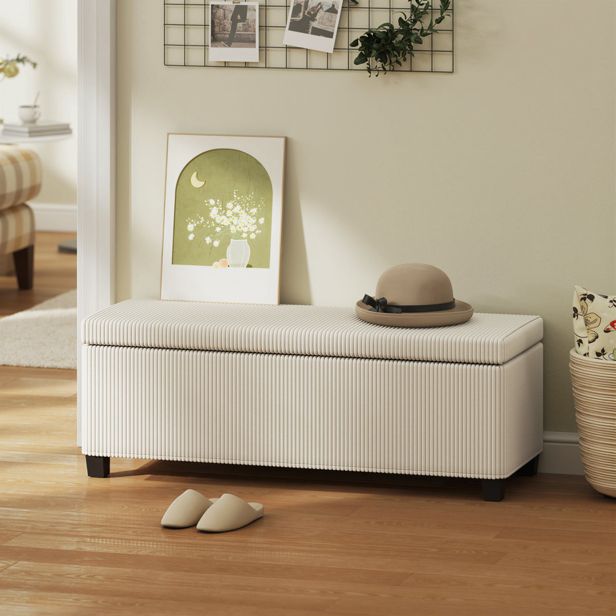 Banc de rangement en velours côtelé