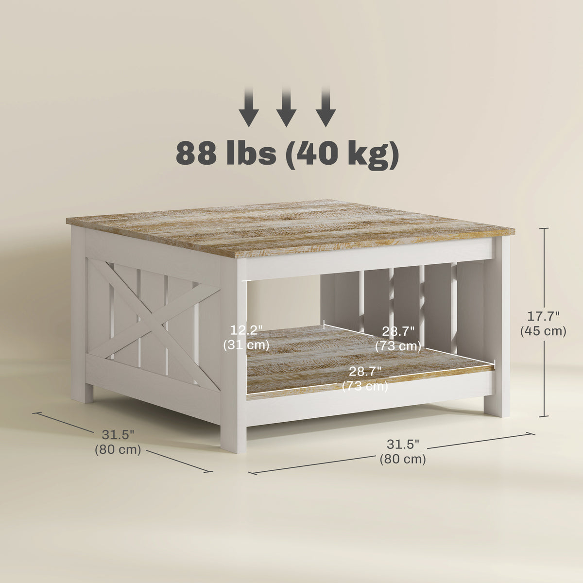Table basse carrée style campagnard 2 niveaux 80 x 80 cm