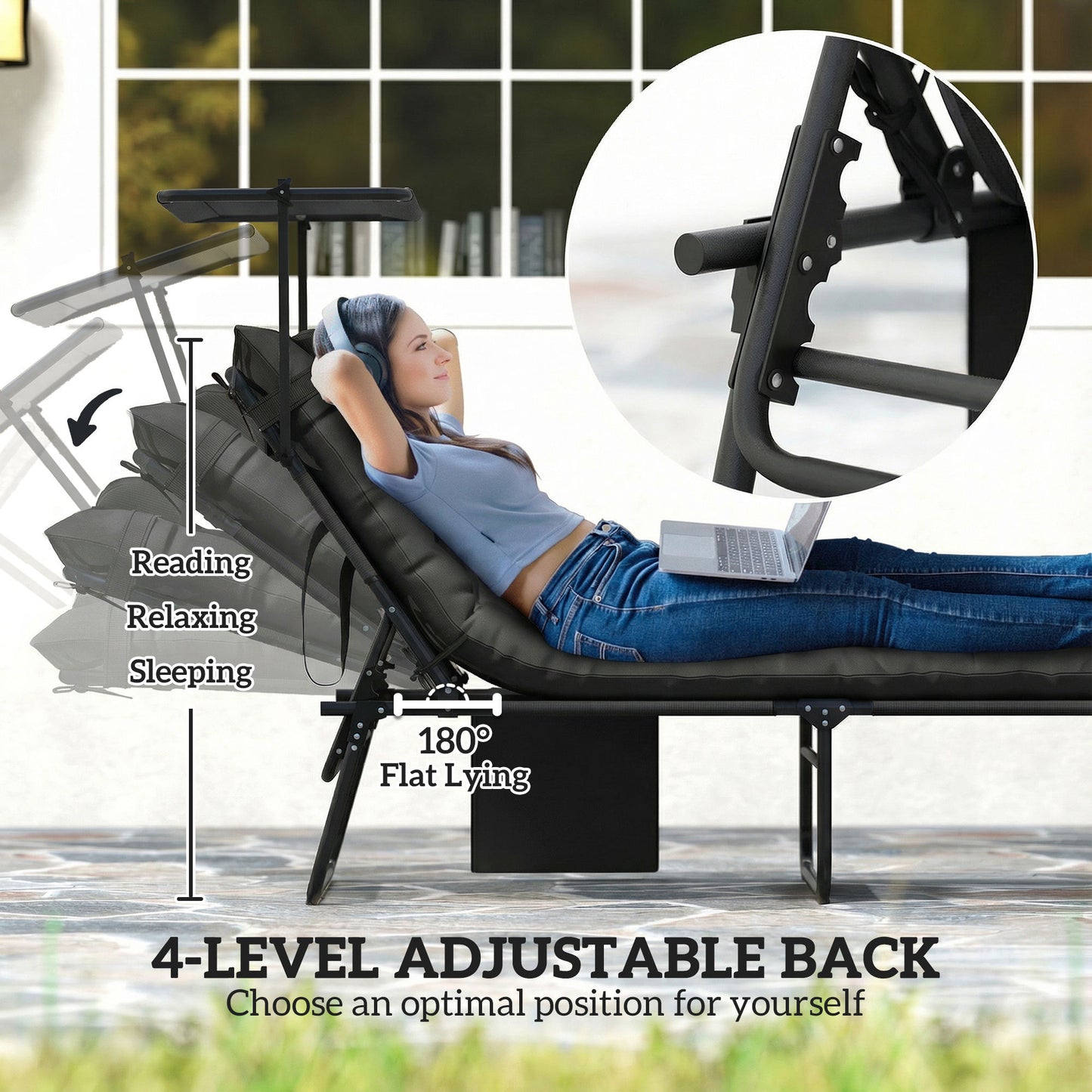 Chaise longue pliante avec auvent ajustable 4 positions