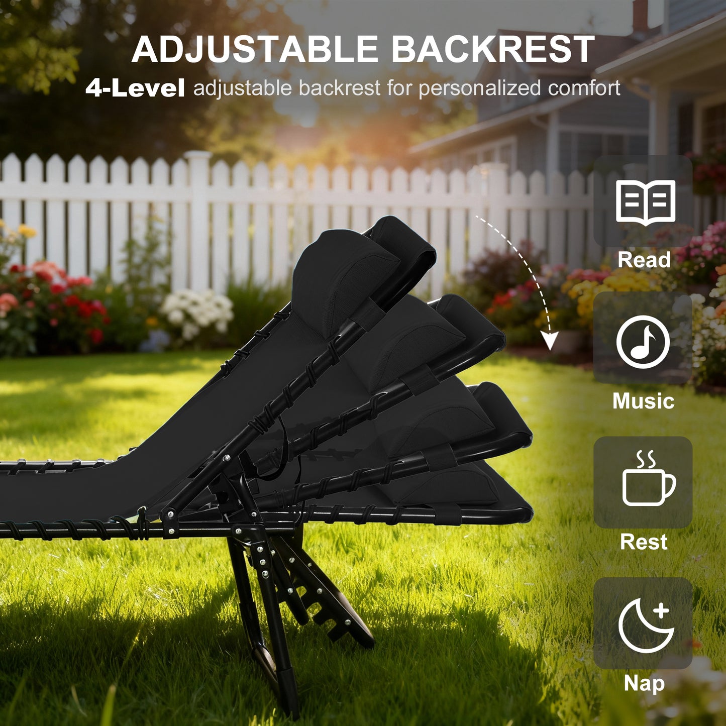 Chaise longue pliante réglable 4 positions avec appui-tête