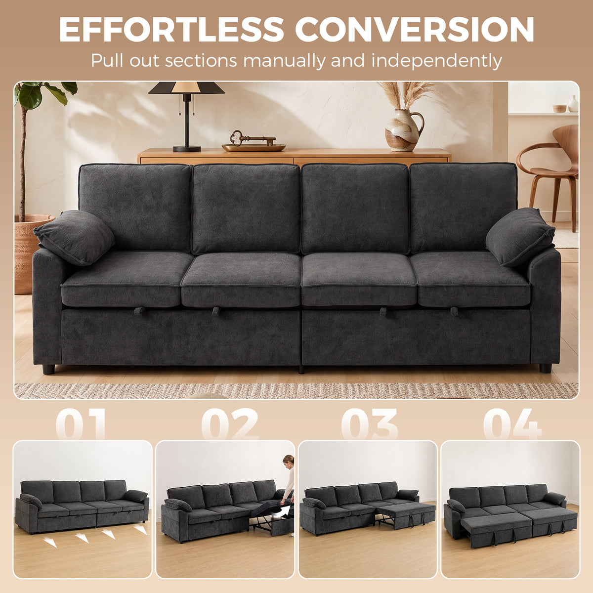 Causeuse convertible double extraction tissu chenille