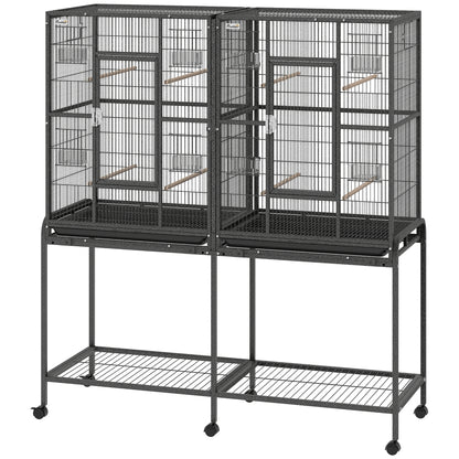 Grande cage à oiseaux sur roulettes avec perchoirs