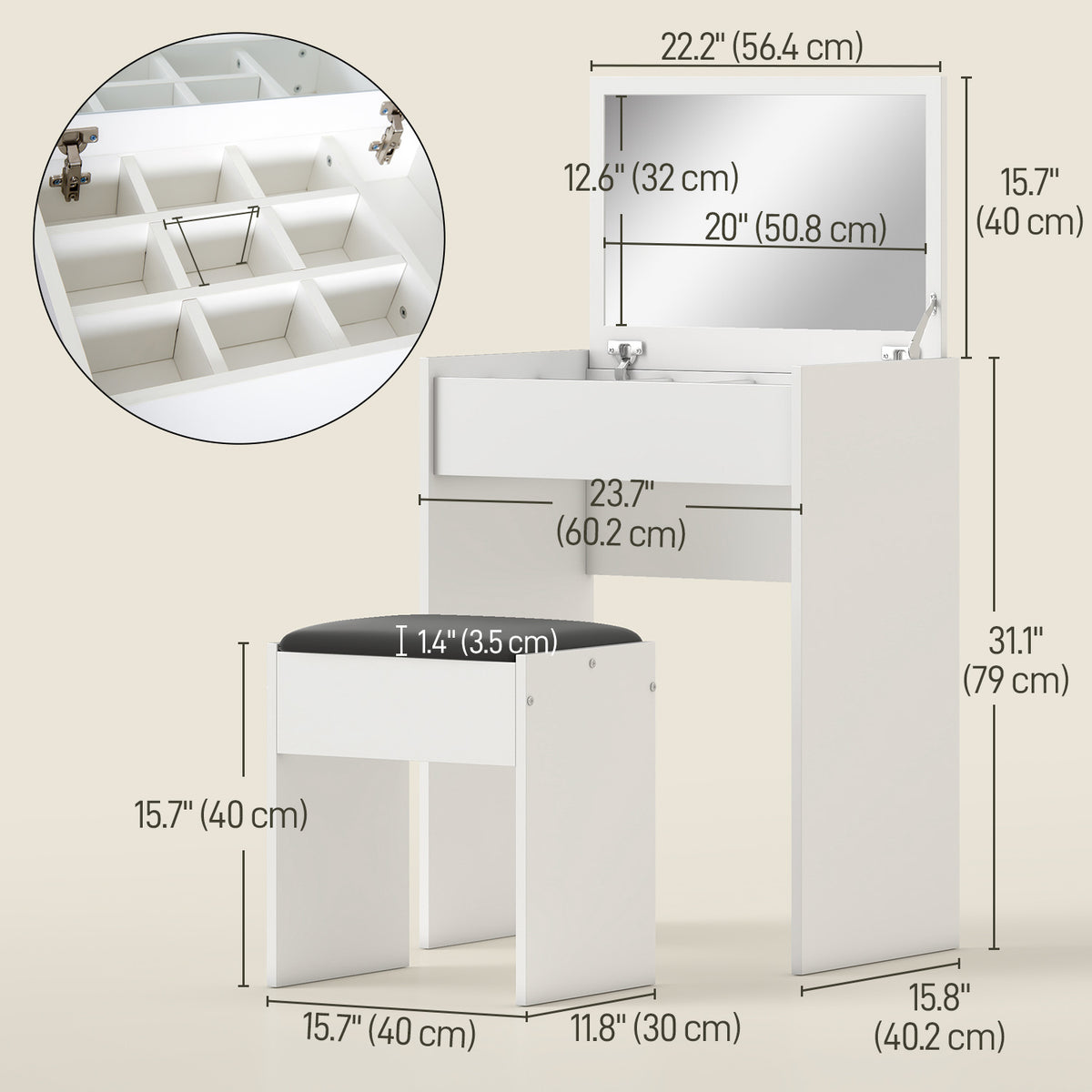 Coiffeuse moderne avec miroir rabattable et tabouret rembourré