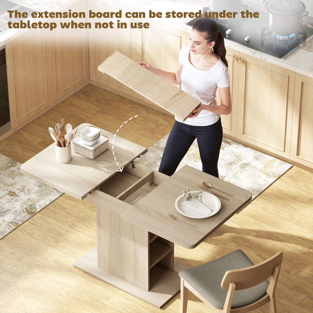 Table à manger extensible avec étagères intégrées