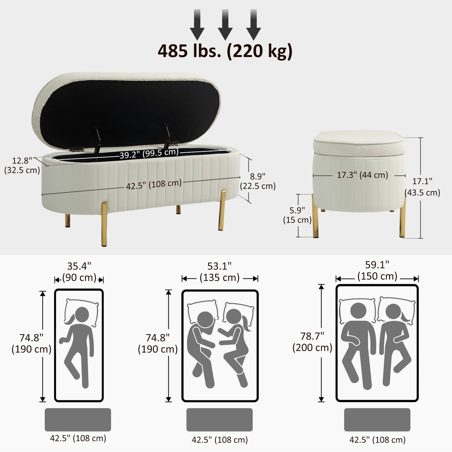 Banc coffre capitonné à cannelures, pieds dorés