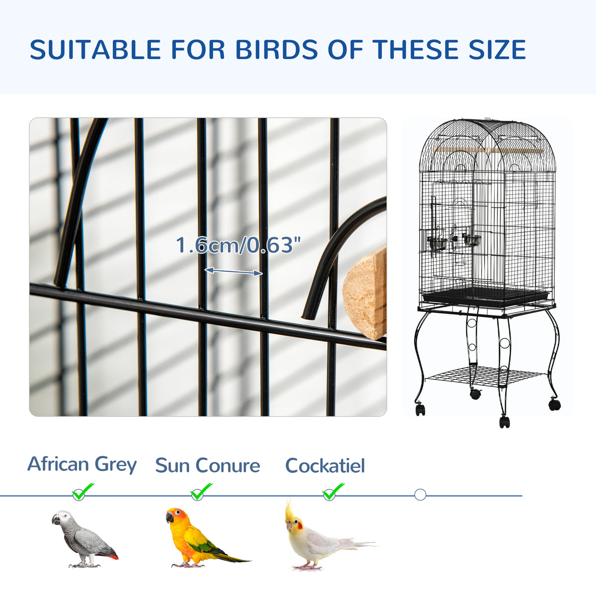 Grande cage à oiseaux sur roulettes avec toit ouvrant