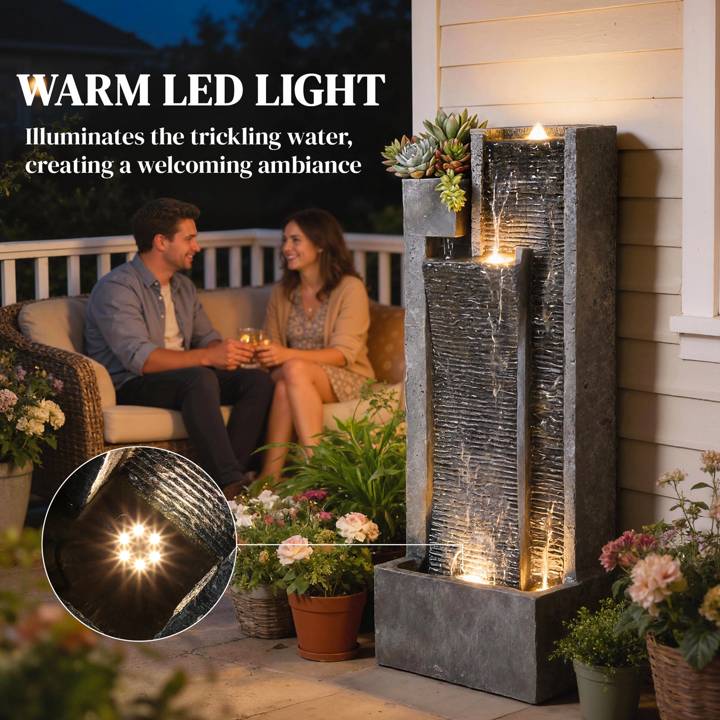 Fontaine d'eau extérieure 3 étages avec lumières LED et jardinière