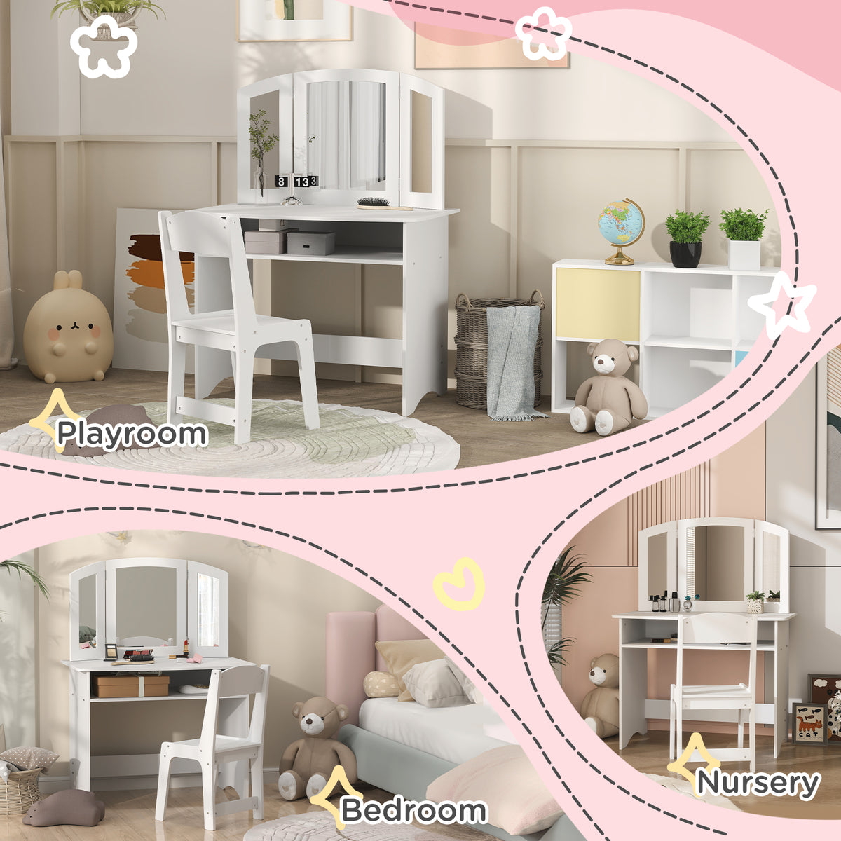 Coiffeuse pour enfants 2 en 1 avec miroir et tabouret
