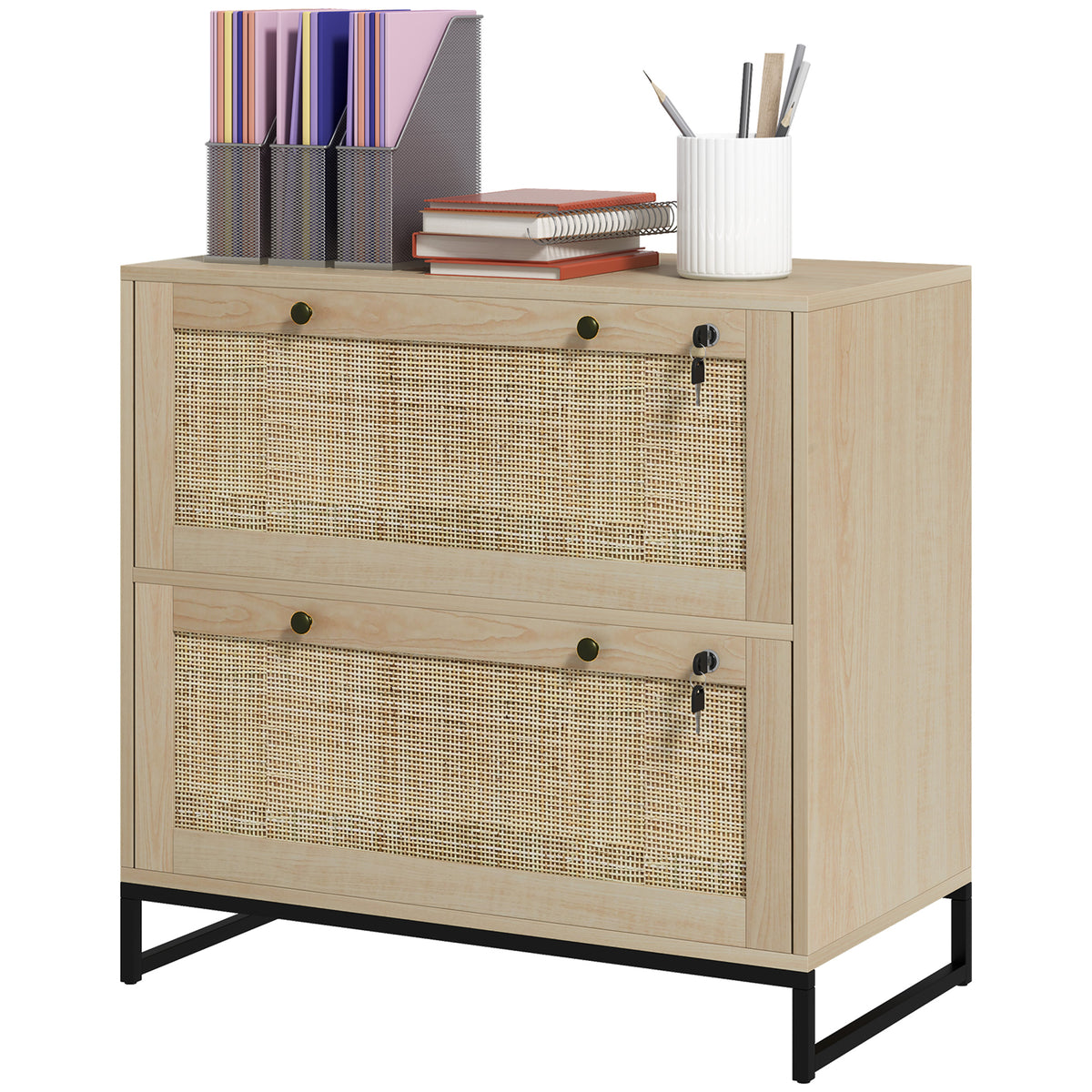 Classeur 2 tiroirs avec serrure design rattan