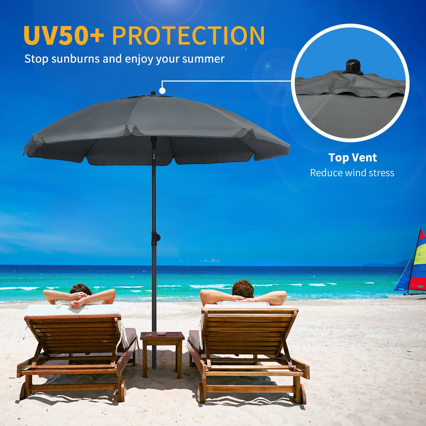 Parasol de plage inclinable UV50+ auvent ventilé à volants