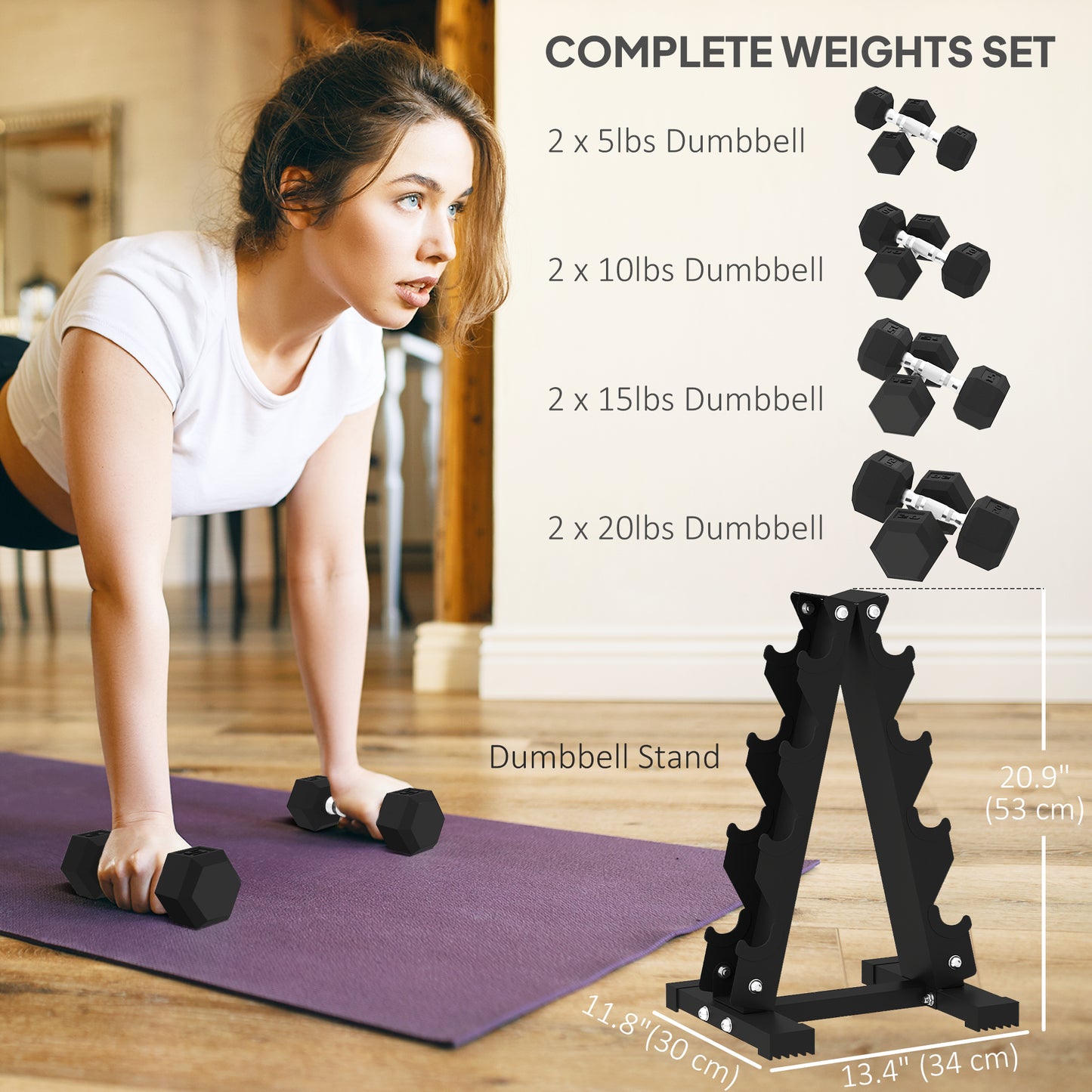 Ensemble d'haltères hexagonaux avec support 45 kg