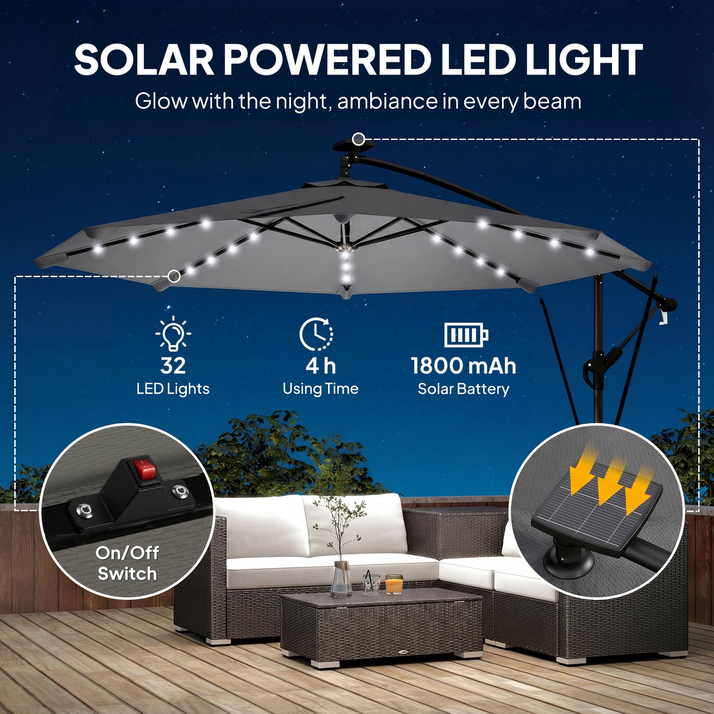 Parasol déporté solaire LED 295 cm avec éclairage