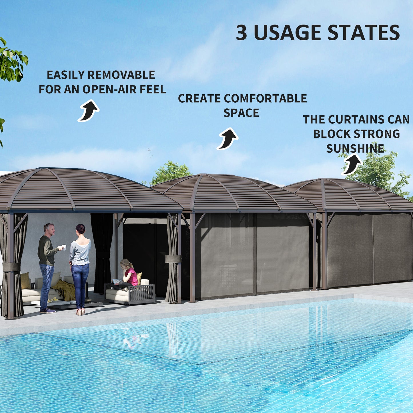 Gazebo hardtop aluminium avec moustiquaire et rideaux
