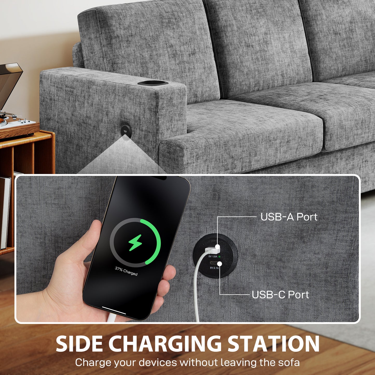 Canapé 3 places avec ports USB et porte-gobelets