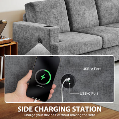 Canapé 3 places avec ports USB et porte-gobelets