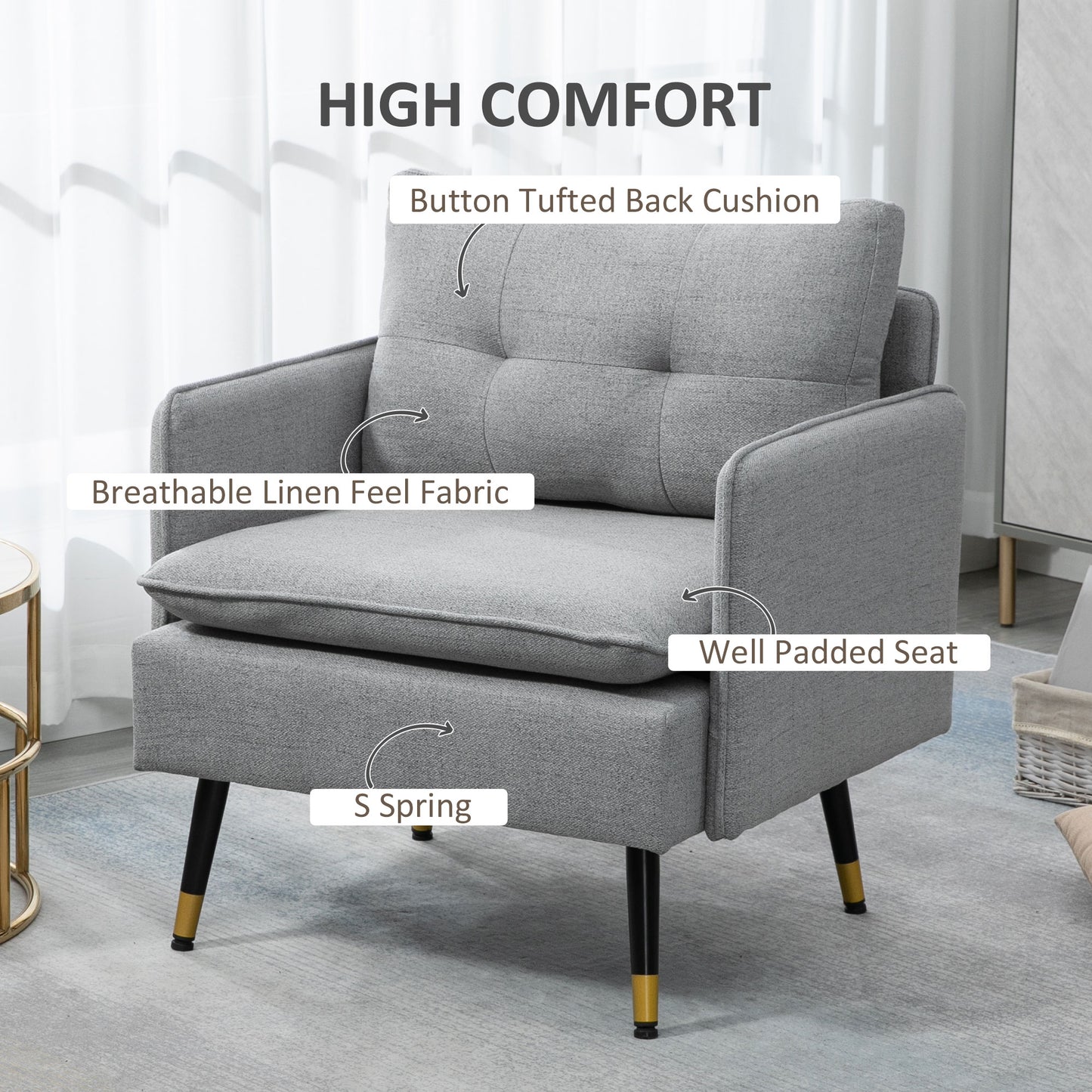 Fauteuil d'accent rembourré dossier capitonné pieds acier
