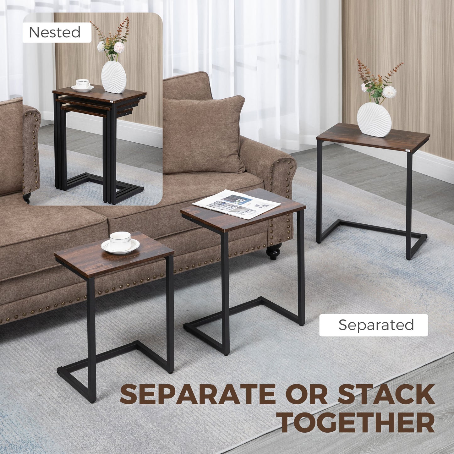 Tables gigognes industrielles en C, lot de 3