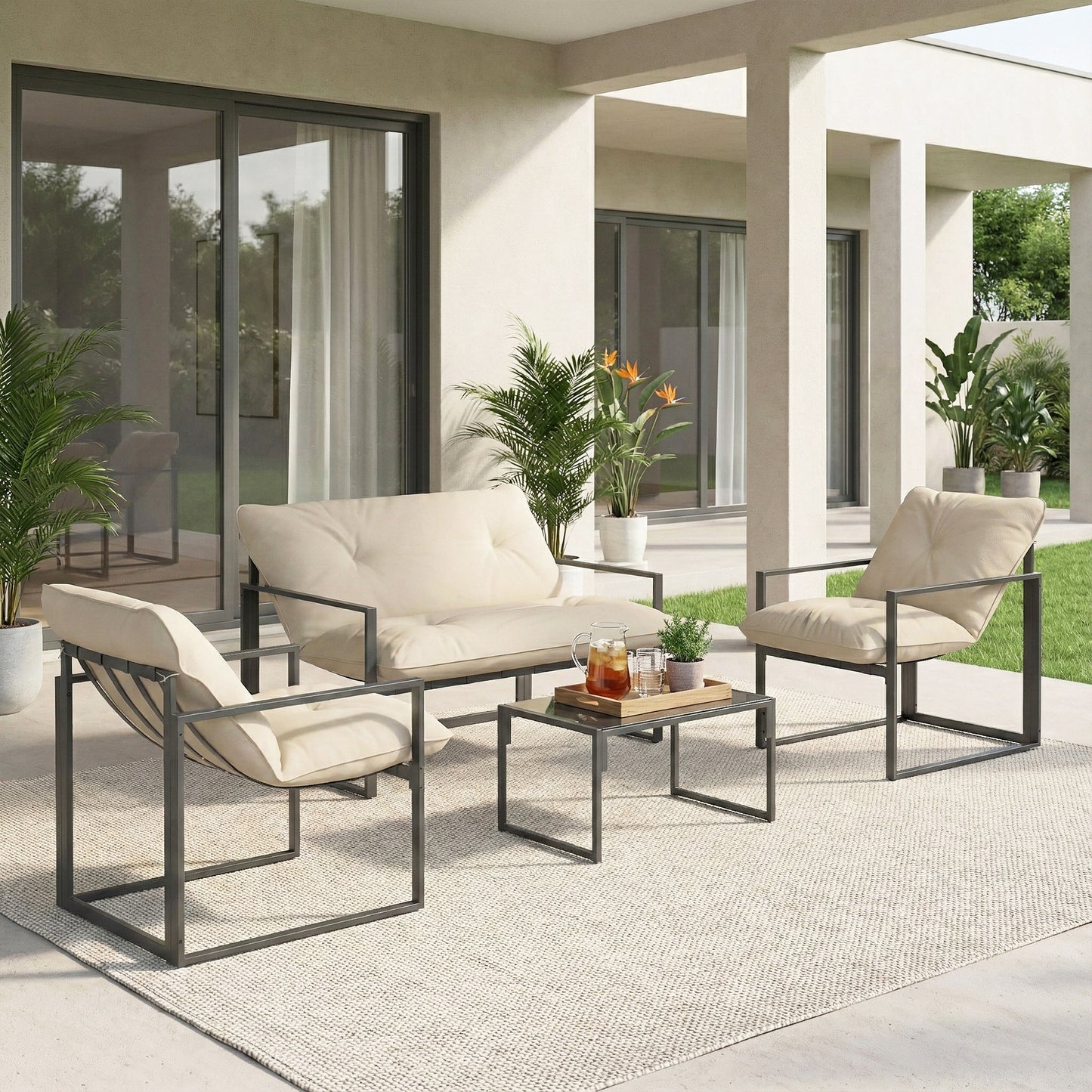 Ensemble patio conversation 4 pièces avec table verre trempé