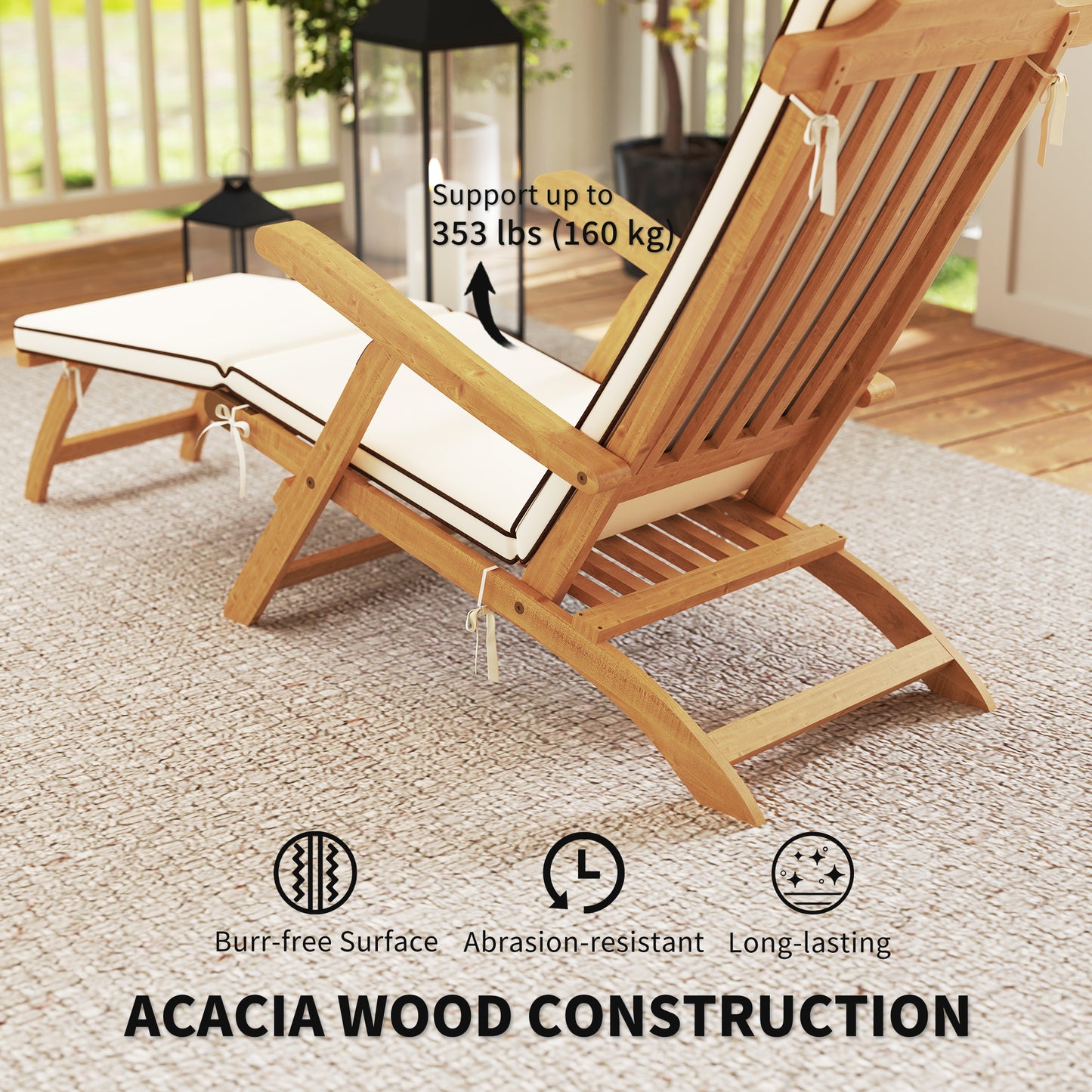 Chaise longue pliante en bois d'acacia avec repose-pieds