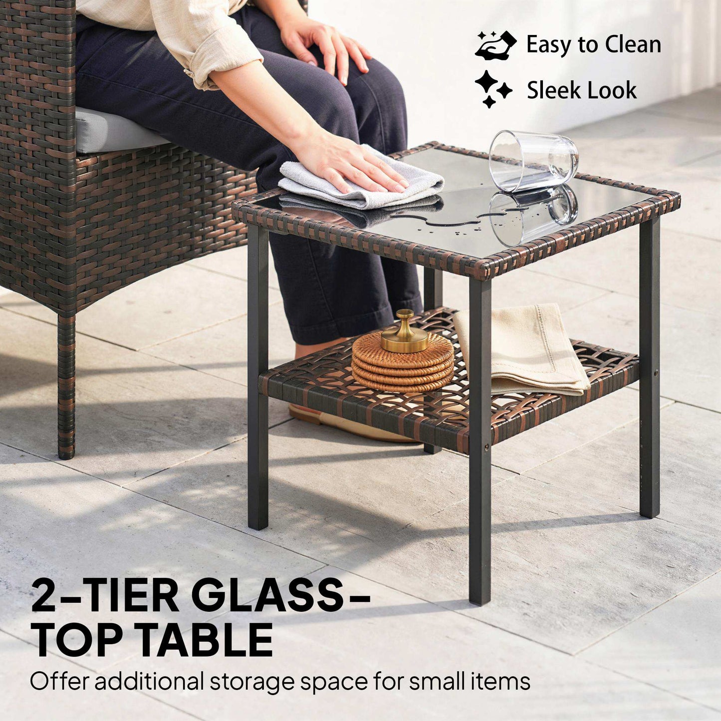 Ensemble bistrot 3 pièces rotin avec table verre — kaki