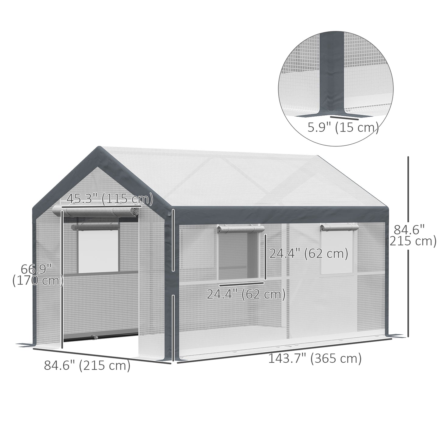  2.1 x 3.7 x 2.1m Wind-Resistant Greenhouse with Ventilation